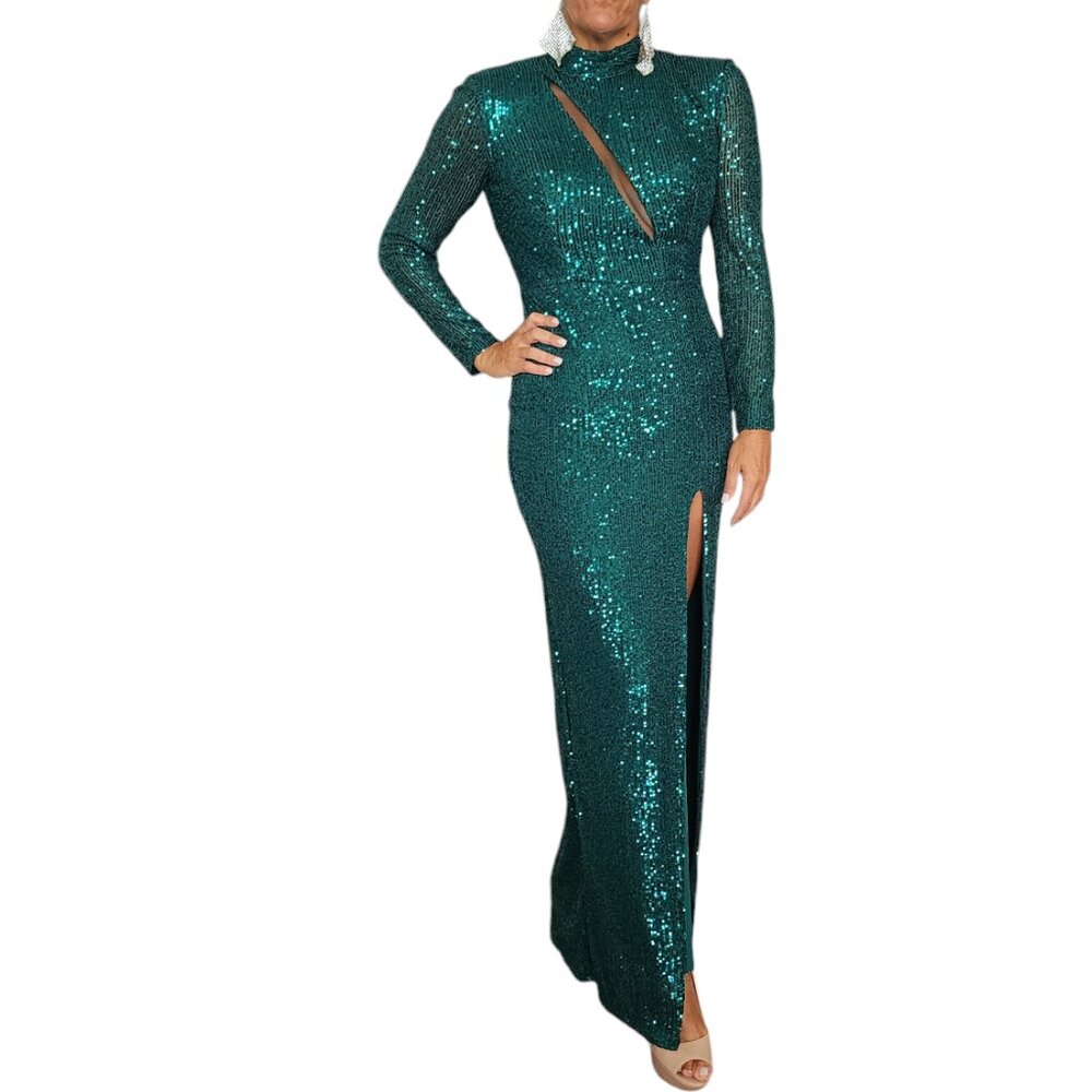 Women's Long Sleeve Formal Green Evening Dress Teal Sequin Gown Size S